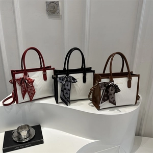 Women Snake Pattern Contrast Color Handbag With Silk Scarf Bow Shoulder Crossbody Tote Bag Faux Leather Square Bag