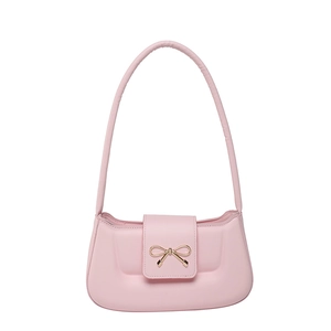 Chic pink shoulder bag with gold metal bow detail and minimalist retro flap design
