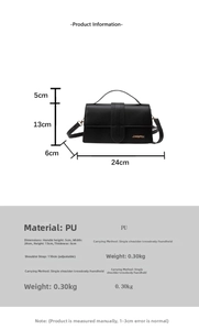 Detailed size specifications for minimalist black PU leather crossbody handbag with strap