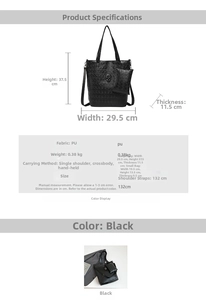 Detail view of gothic black tote with 3D skull relief and matching pouch dimensions