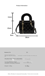 Size chart showing PU leather quilted handbag dimensions and adjustable strap details