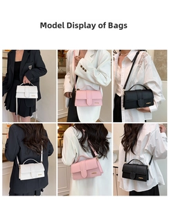 Multiple views of a minimalist square crossbody bag in white, pink, and black PU leather