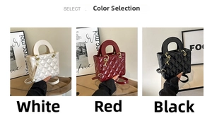Detailed comparison of mini quilted handbags in white, red, and black with gold hardware