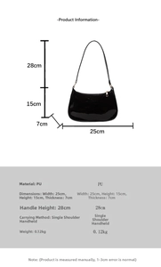 Detailed size chart for black patent leather shoulder bag with product dimensions