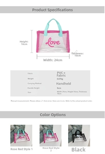 Detailed view of mini transparent PVC tote bag dimensions 24x16x10cm and color variants