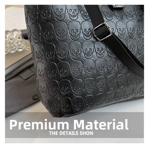 Close-up of litchi grain leather texture with embossed skull pattern and nylon strap