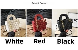 Three elegant quilted handbags in white, red, and black colors with gold chain details