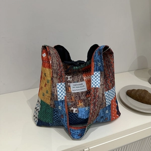 Ethnic patchwork tote bag with colorful geometric patterns and large capacity shoulder strap