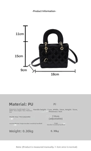 Detailed dimension guide for black quilted handbag with 18cm width and 15cm height