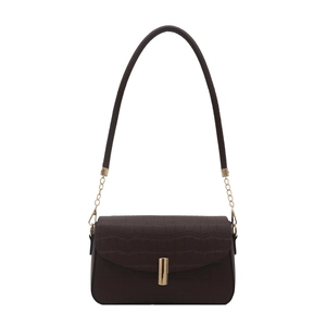 Brown crocodile embossed underarm bag with gold buckle and elegant chain strap