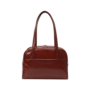 Retro reddish-brown leather tote bag with long handles and front pocket for daily use