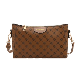 Classic brown patterned PU leather crossbody bag with elegant gold metal hardware for women