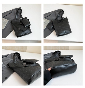 Multi-angle view of black leather tote bag with embossed skull texture and mini pouch