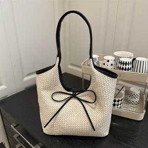 Sac fourre-tout en paille avec bordure noire et nœud pour femme style décontracté chic