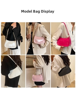 Modelweergave van glanzende laklederen hobo-tassen in wit, roze, fuchsia en zwart