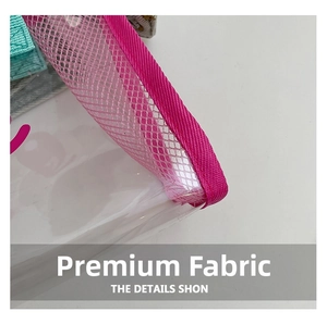 Close-up of pink mesh fabric and clear PVC material on a stylish transparent tote bag