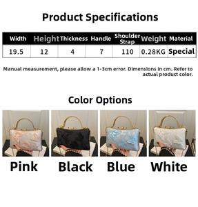 Detailed size specifications and four color variants of butterfly embroidery handbag