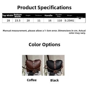 Detailed size guide showing dimensions and specs for the large capacity PU shoulder bag