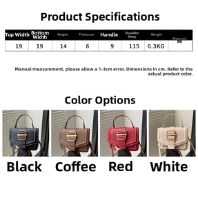 Detailed view of square PU crossbody bags in four colors with gold H-shaped buckles