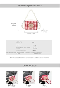 Detailed size specifications for a red checkered square bag with pearl handle and apple patch