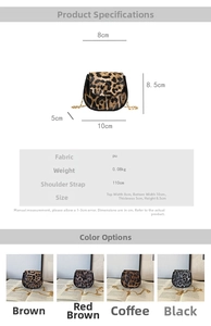 Size chart and color comparison of leopard print PU mini saddle bags with chain straps