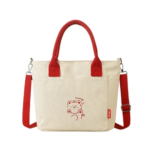 Women's casual canvas bucket bag in beige and red with cute bear print and strap