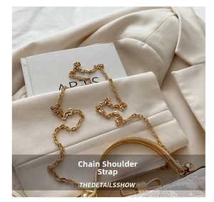 Detail of elegant gold chain strap and crystal butterfly buckle on embroidered bag