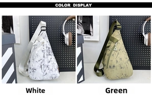 Color display of two nylon triangle chest bags in white and green marble patterns