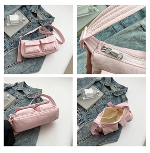 Detail shots of pink quilted nylon shoulder bag with multi-pockets and metal zippers