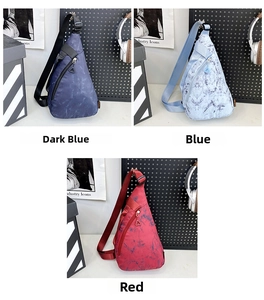 Detailed close-up of nylon chest bags in dark blue, light blue and red tie-dye patterns