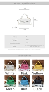 Tableau détaillé montrant les dimensions et couleurs du sac en cuir PU en tons acidulés