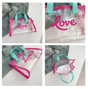 Detail of transparent PVC tote bag with Love print and contrast pink mesh edges