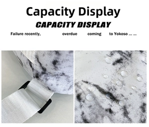 Detailed view of waterproof marble pattern nylon fabric and adjustable strap buckle