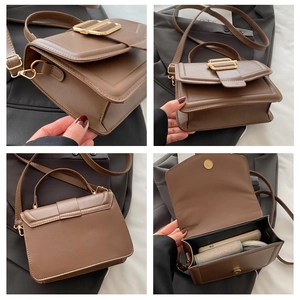Detail view showing textured brown leather shoulder bag with gold square buckle and interior