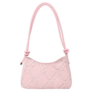 Pink large capacity crescent hobo bag with washed denim texture and knot shoulder strap
