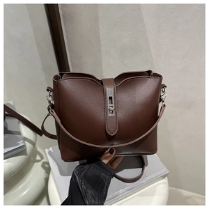 Macro shot of dark brown bucket bag showing lychee grain texture and silver swivel lock