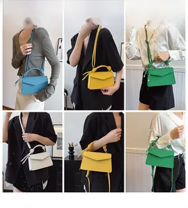 Détails de sacs à main carrés texturés en bleu, jaune, vert et beige avec bandoulière