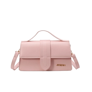 Pink minimalist faux leather square handbag with golden logo and adjustable shoulder strap