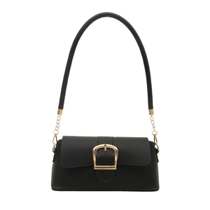 Minimalist black leather underarm bag with gold horseshoe buckle and chain strap
