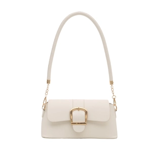 Elegant white leather baguette underarm bag with large horseshoe gold buckle and chain