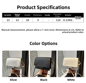 Size chart for mini square crossbody bag showing dimensions 13x10x5 cm and colors