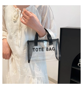 Mini transparent mesh tote bag with black trim and TOTE BAG print shown with model