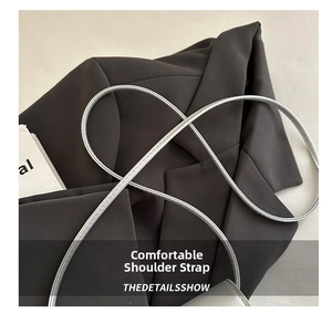 Detailed close-up of a silver-gray thin shoulder strap with fine stitching on a sleek bag