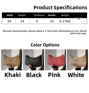 Detailed size chart for bow underarm bag showing dimensions 24x14x6cm and PU leather info