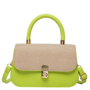 Chic lime green and straw crossbody bag with golden twist lock and top handle