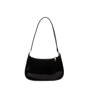 Elegant black glossy faux leather baguette bag with golden zipper and hobo style shoulder strap