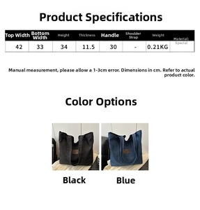Detailed size chart for denim tote bag with width, height and material specifications