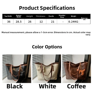 Size chart showing dimensions and PU material specs for the large fashion tote bag