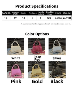 Tableau détaillé du sac à main en paillettes avec dimensions et six coloris brillants