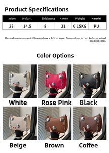 Detail view of stylish rivet PU handbags in white, pink, black, beige, brown and coffee colors
